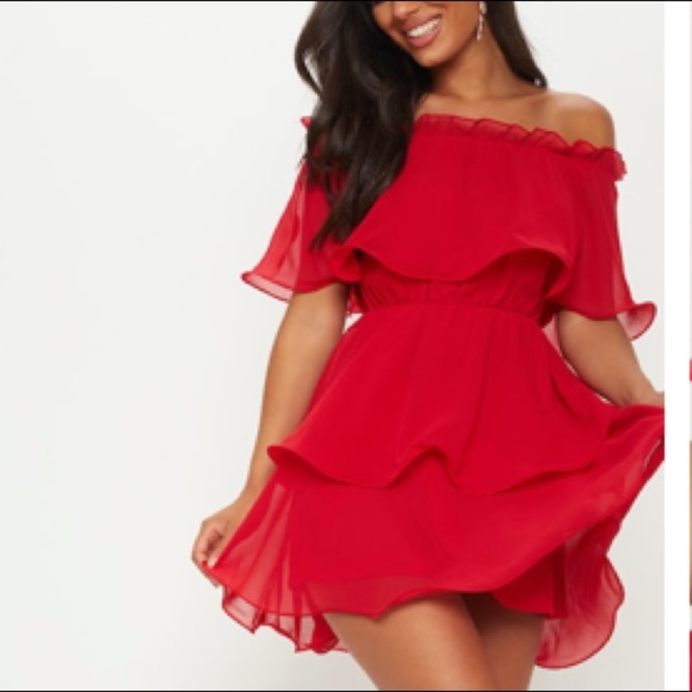 Red Chiffon Bardot Ruffle Tiered Dress
